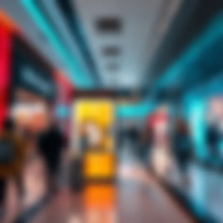 A Bitcoin kiosk in a local mall with shoppers nearby, showcasing the acceptance of cryptocurrency.