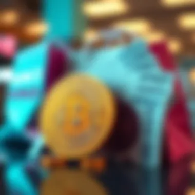 A visual comparison of Bitcoin and Kohl's Cash, showing a Bitcoin symbol next to Kohl's Cash vouchers with shopping bags in the background.