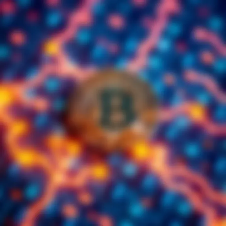 Illustration of a Bitcoin symbol overlaid on a digital ledger, showing interconnected blocks representing transactions.