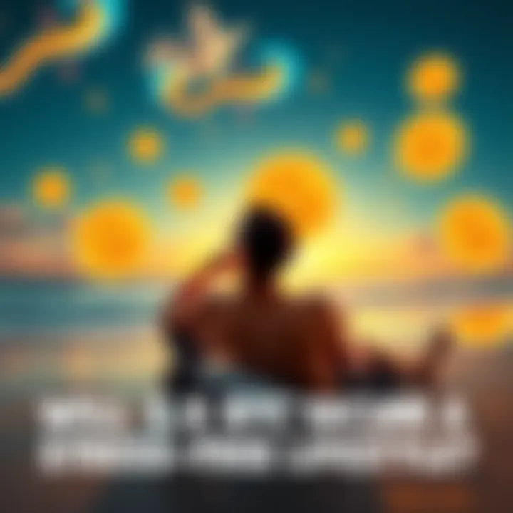 A person relaxing at a beach with Bitcoin symbols in the background, representing financial freedom