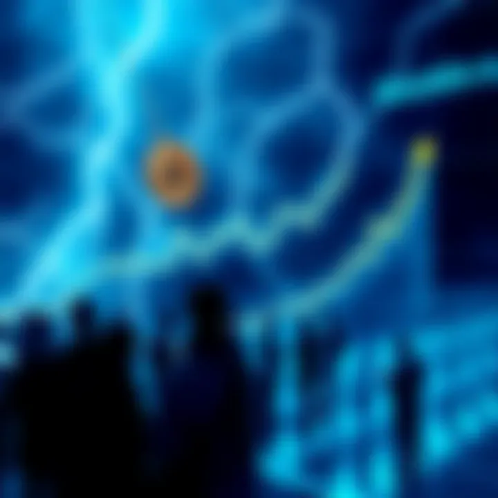 Bitcoin Lightning Network Growth A graph showing the rise in Bitcoin transactions through the Lightning Network with people using mobile devices for payments