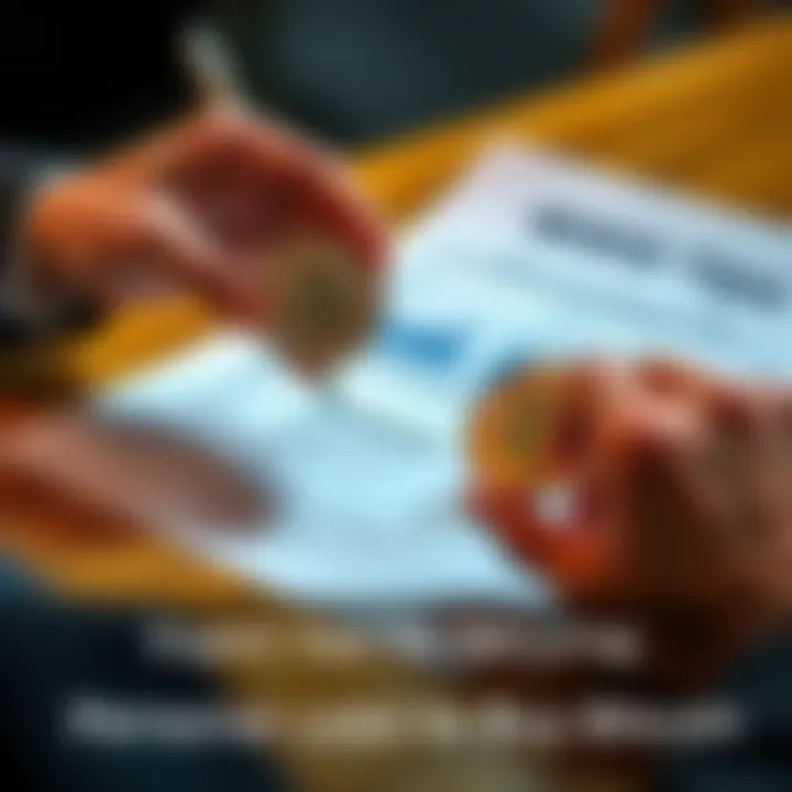 Person holding Bitcoin with loan documents A person examining Bitcoin while reviewing personal loan documents on a table