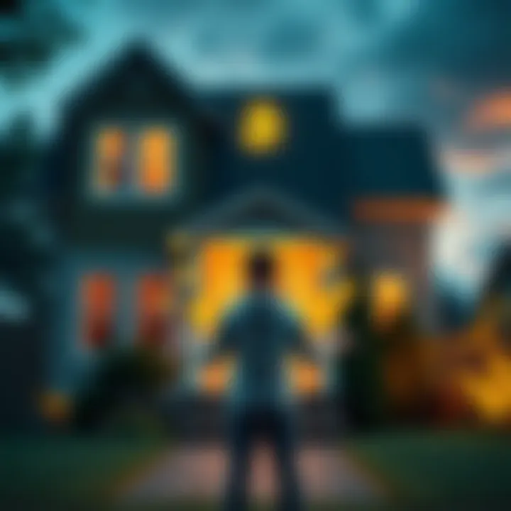 A person standing in front of a house holding bitcoin symbols, thinking about using BTC for a loan.