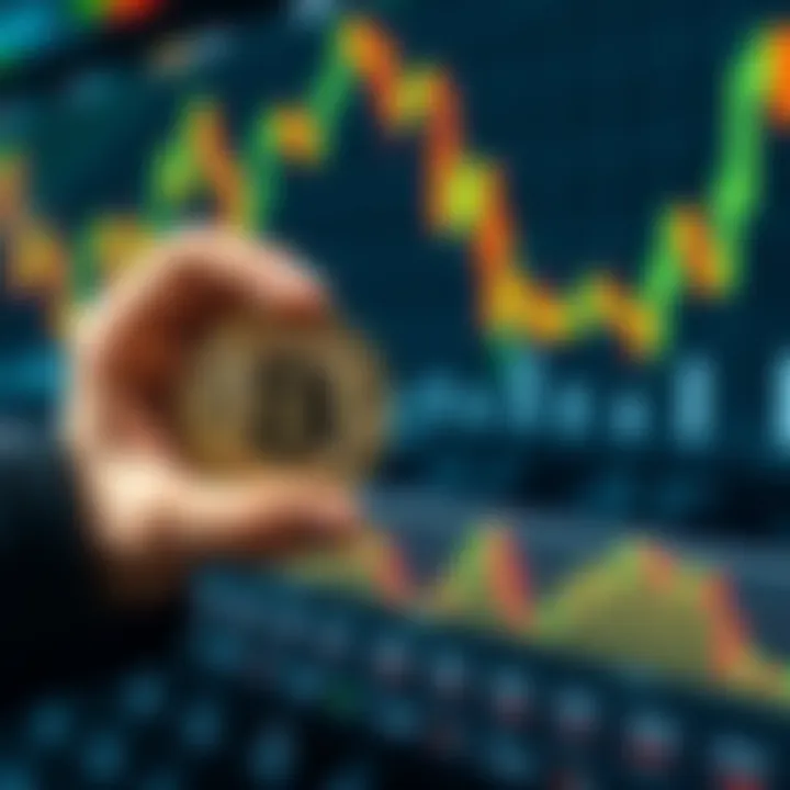 A person holding Bitcoin coins with a background of stock market graphs, symbolizing the idea of using Bitcoin as collateral for loans to invest in STRC stocks.