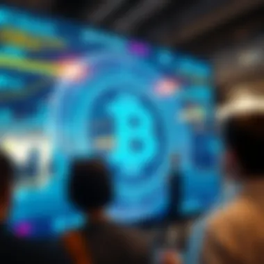 A close-up view of the Bitcoin logo displayed on a digital screen with people discussing its design.