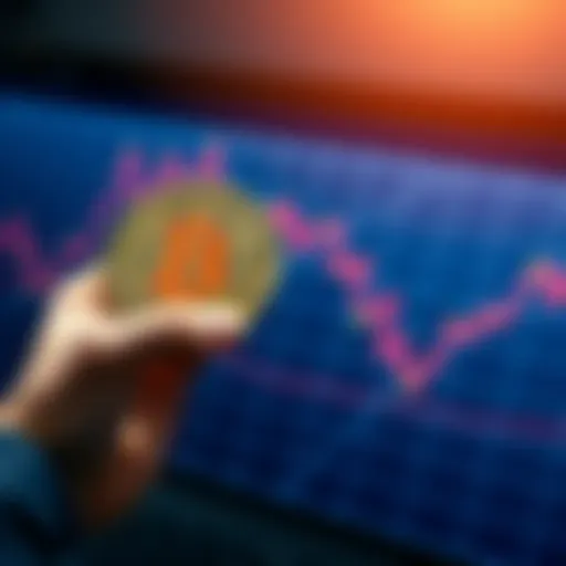 Bitcoin at a loss A person holding a bitcoin with a downward trend graph in the background, symbolizing selling at a loss for tax benefits