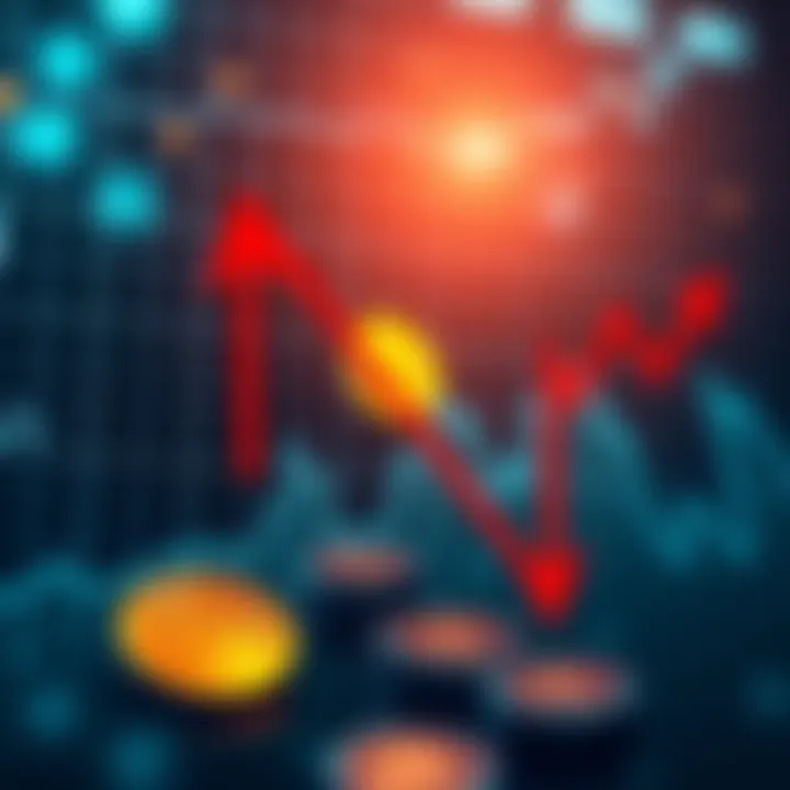A graph showing Bitcoin price decline with red arrows indicating losses, symbolizing poor market timing in investments.