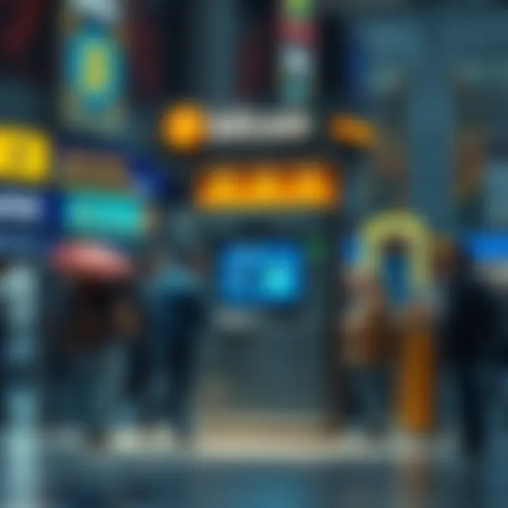 A Bitcoin machine located in a busy area, with people interacting with it, showcasing digital currency transactions.