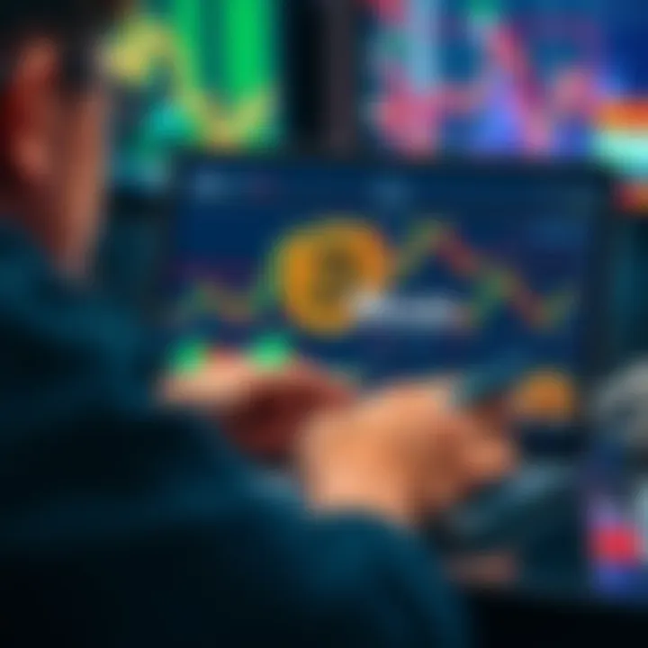 A trader analyzing Bitcoin market trends on a laptop screen with financial graphs and charts.