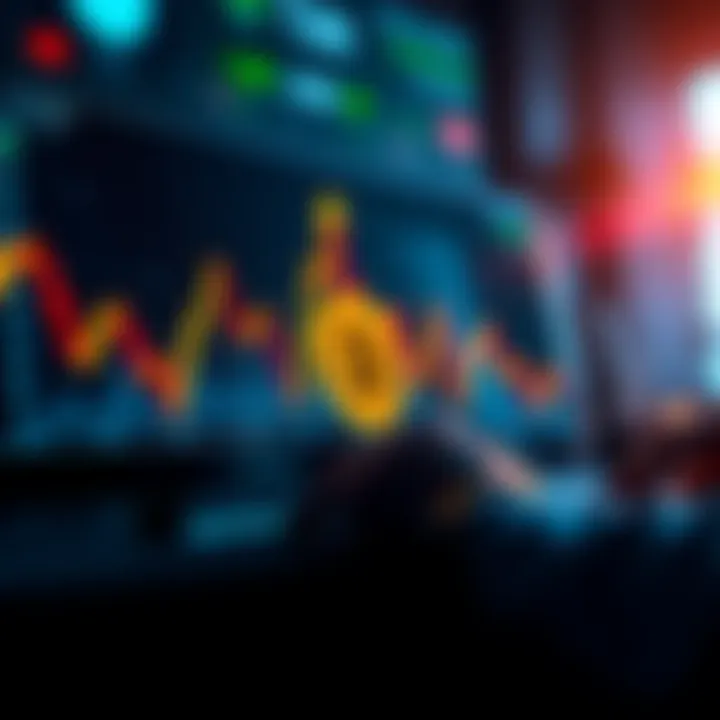 A graph depicting Bitcoin price trends with arrows indicating market fluctuations, and a person analyzing data on a laptop