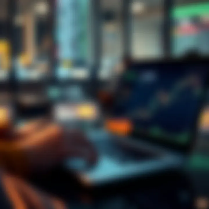 A person analyzing Bitcoin trends on a laptop with charts and graphs on the screen, showing fluctuating values and public sentiment.