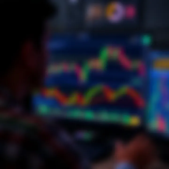 A person looking at a computer screen showing Bitcoin charts and market trends with colorful graphs and numbers