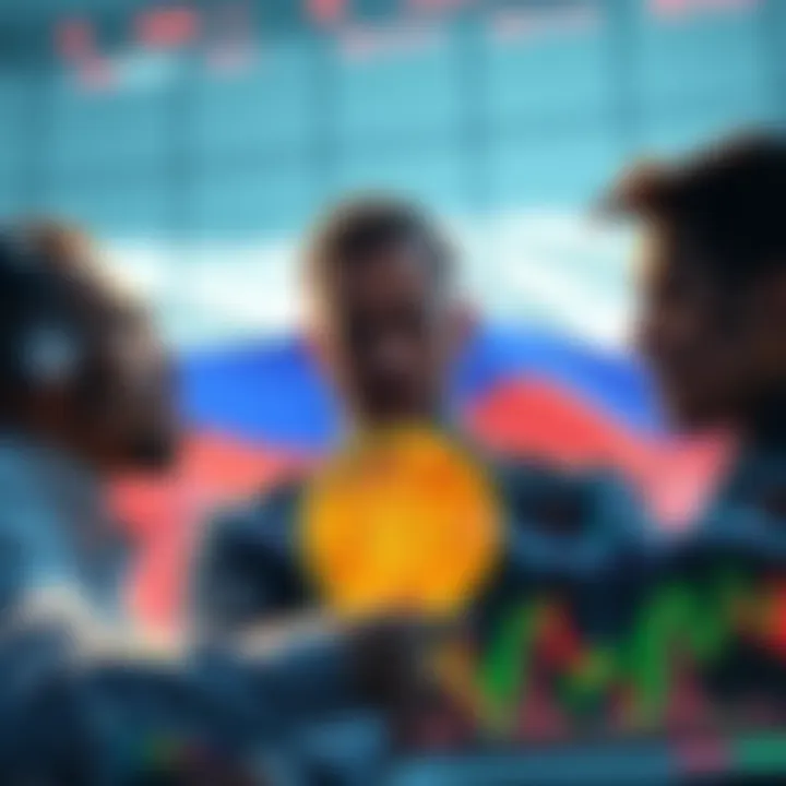 Concerned investors looking at Bitcoin charts with Russia's flag in the background.