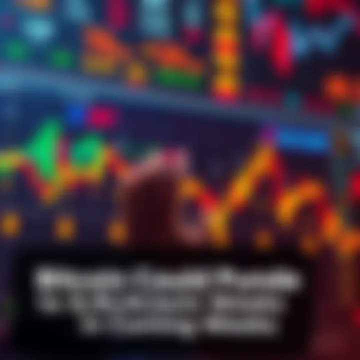 Graph showing Bitcoin price falling with downward arrows and economic indicators in the background