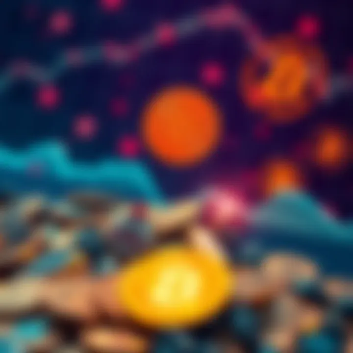 A graph showing a downward trend in Bitcoin value with a background of broken coins and scam icons.