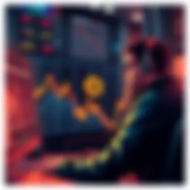 A graph showing a declining trend in Bitcoin prices with a worried investor looking at a computer screen