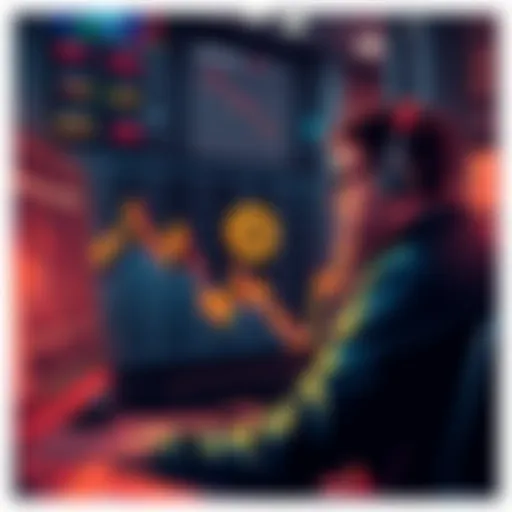 A graph showing a declining trend in Bitcoin prices with a worried investor looking at a computer screen