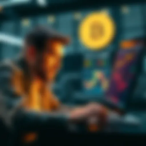 A worried businessman examines Bitcoin charts on a laptop, with a downward trend visible on the screen, symbolizing market struggles.