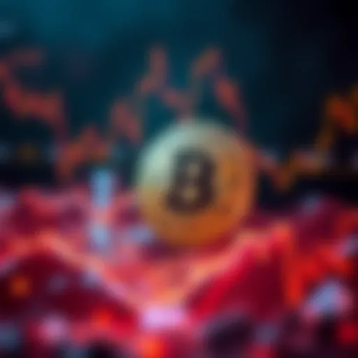 Bitcoin in market fluctuation A graphic showing Bitcoin's rising and falling price trends with an uncertain market atmosphere