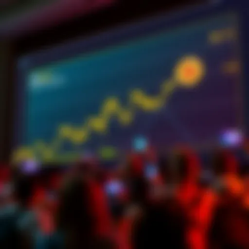 Graph showing Bitcoin prices rising with an upward trend and excited people looking at their devices