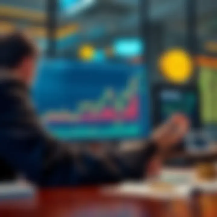 Bitcoin Market Hesitation A person looking at a graph showing Bitcoin price fluctuations, expressing doubt about investing, with financial documents on the table.