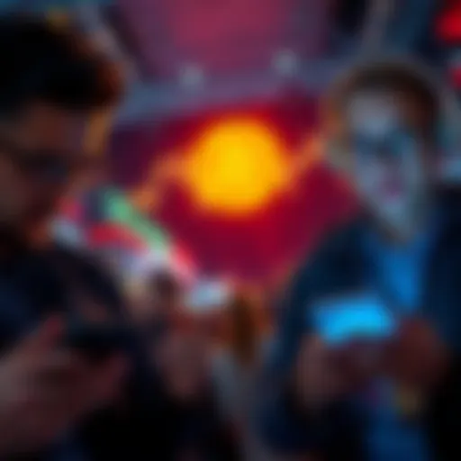Investors looking worried while checking Bitcoin prices on their phones in a crowded space