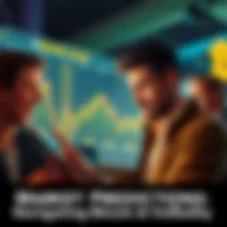 A person looking at a graph showing Bitcoin's price fluctuations with a concerned expression, while others laugh nearby.
