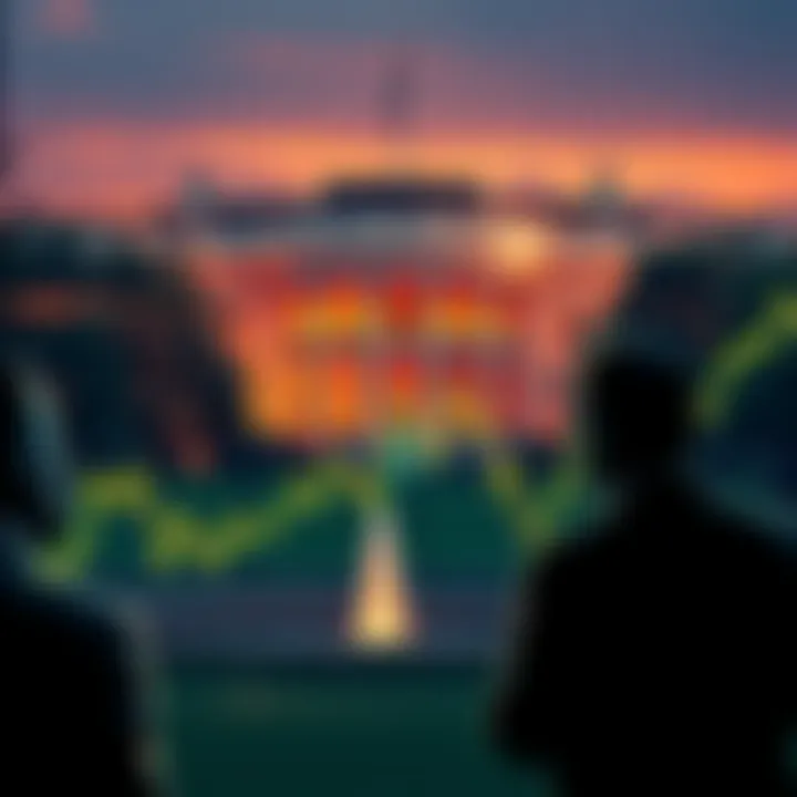 A graph showing Bitcoin's price fluctuating dramatically, with a background of the White House. Investors look concerned about market changes.