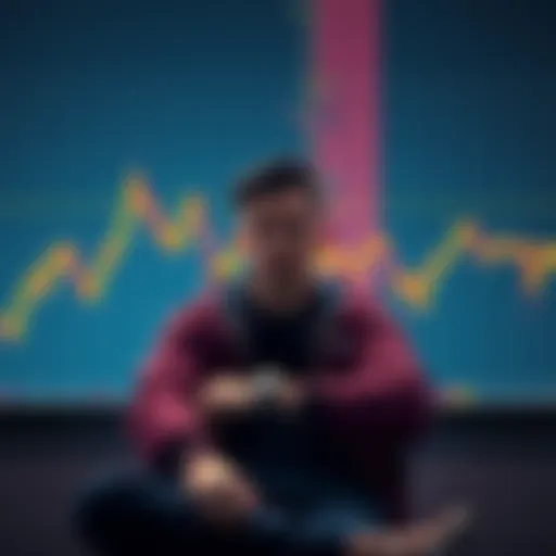 A person sitting with a bored expression, looking at a graph of Bitcoin prices trending downwards.
