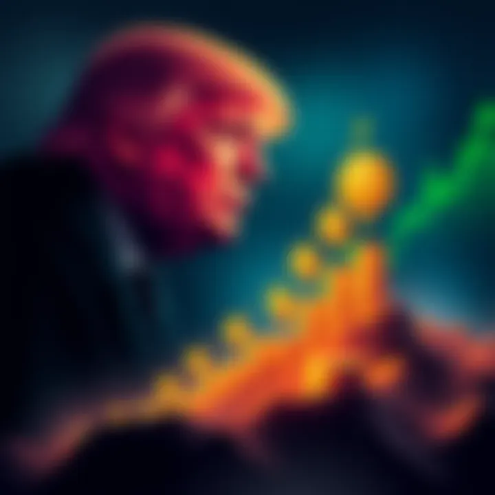 A digital illustration showing Bitcoin symbols climbing upward with a silhouette of Donald Trump in the background, representing market manipulation in cryptocurrency trading.