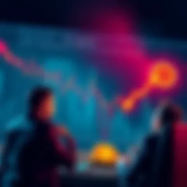 A chart showing Bitcoin prices fluctuating with arrows indicating a downward trend, surrounded by concerned investors discussing predictions.