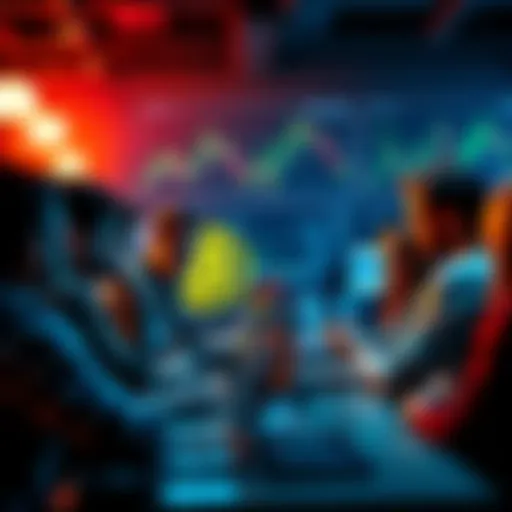 A group of people discussing cryptocurrency at a local Bitcoin meetup, with laptops and charts in the background.