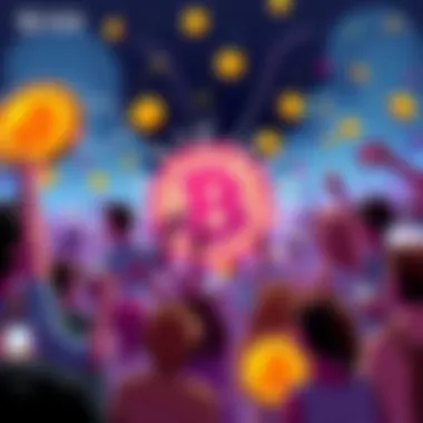 Illustration showing a vibrant Bitcoin meme emerging after Michael Saylor's 32 BTC sale, with excited crypto enthusiasts sharing on social media.