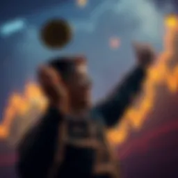 Bitcoin Milestone Achievement A person celebrating reaching two Bitcoin holdings with a graph showing rising prices in the background