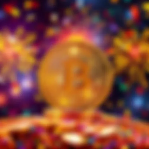 A digital graphic showing a Bitcoin symbol with confetti and fireworks, symbolizing the mining of 20 million coins.