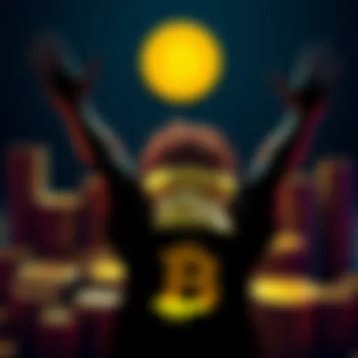 A person celebrating reaching 0.1 BTC with a Bitcoin logo and stacks of coins in the background