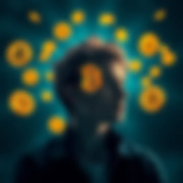 A person deep in thought with Bitcoin symbols around them, representing the connection between cryptocurrency and self-awareness.