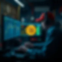 A miner working on a computer setup with multiple screens displaying cryptocurrency data and mining software in a dimly lit room.