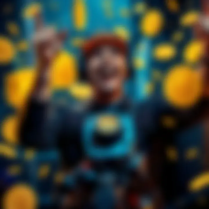 Bitcoin Miner Celebrating Success A solo Bitcoin miner joyfully celebrating after successfully mining a block and earning Bitcoin, surrounded by digital currency symbols.