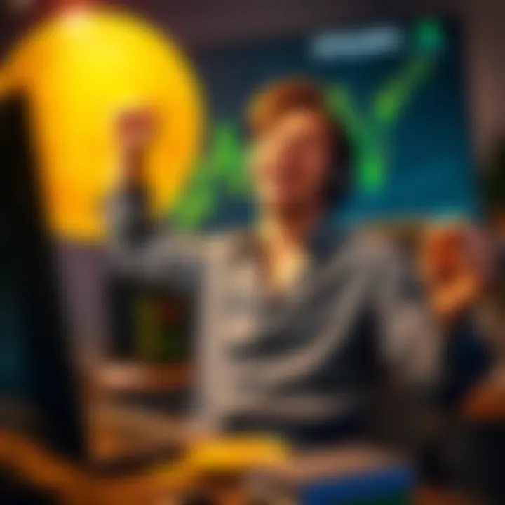 Bitcoin Miner Success A solo Bitcoin miner celebrating after turning a small investment into a large profit, with a computer setup and Bitcoin graphics behind him.