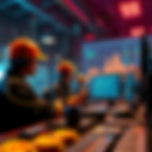 A group of Bitcoin miners analyzing data on screens while a chart shows a drop in BTC value and AI technology in the background