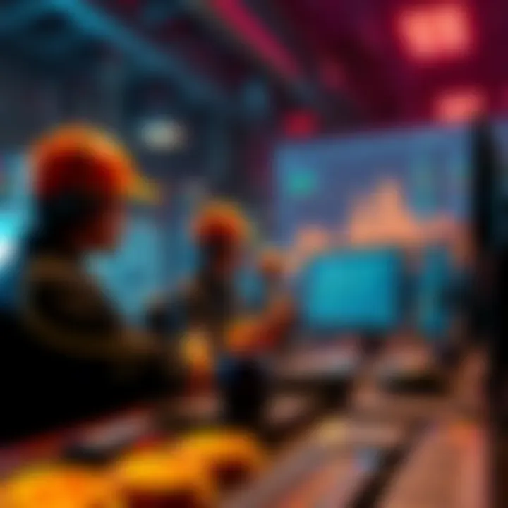 A group of Bitcoin miners analyzing data on screens while a chart shows a drop in BTC value and AI technology in the background