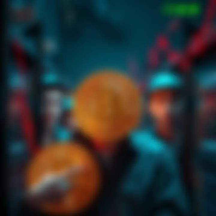 Bitcoin miners facing losses A group of Bitcoin miners with distressed expressions, surrounded by mining rigs and financial graphs showing declining prices, symbolizing their struggles as costs rise above market rates.