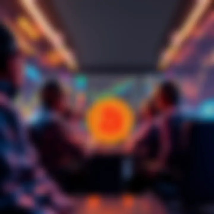 Miners discussing Bitcoin's supply cap at a conference with charts and graphs in the background