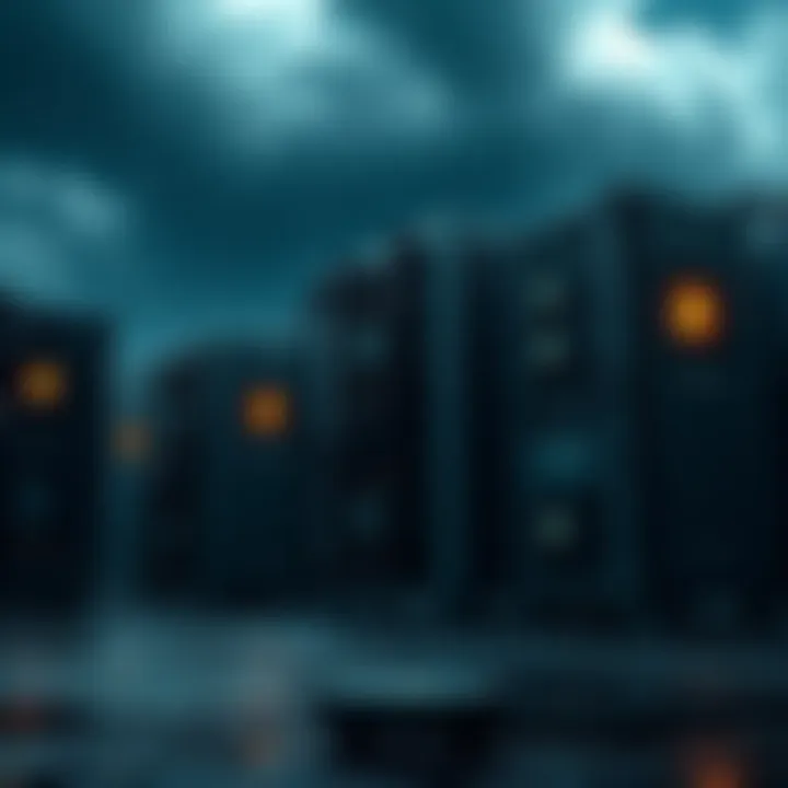 A group of Bitcoin mining rigs struggling in a stormy environment with dark clouds and rain