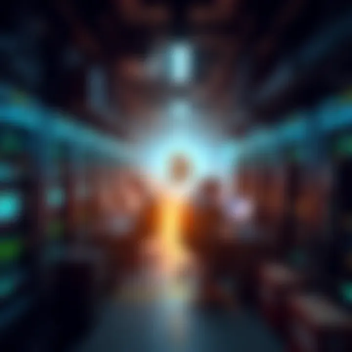A group of bitcoin miners operating machines in a dimly lit room filled with mining rigs, symbolizing the importance of miners in the Bitcoin network.