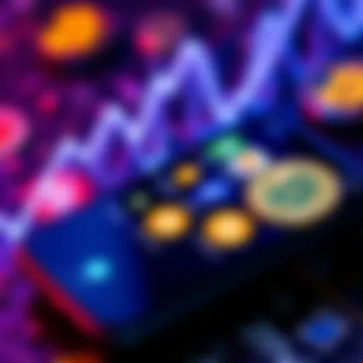 A smartphone displaying various bitcoin mining app icons on the screen, with cryptocurrency symbols in the background.