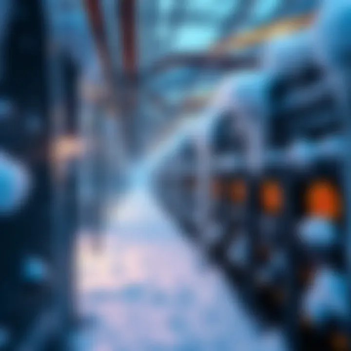 Bitcoin mining disrupted by cold A snow-covered Bitcoin mining facility with icicles hanging from the roof during severe winter weather.