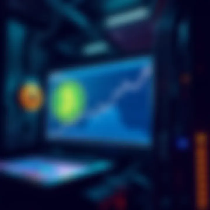 Illustration of a Bitcoin mining rig with a graph showing rising value on a screen.