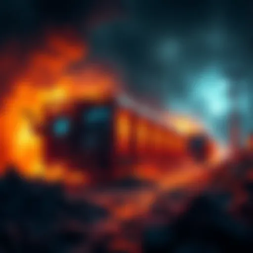 A visual representation of Bitcoin mining equipment operating in a war-torn environment with smoke and destruction around.